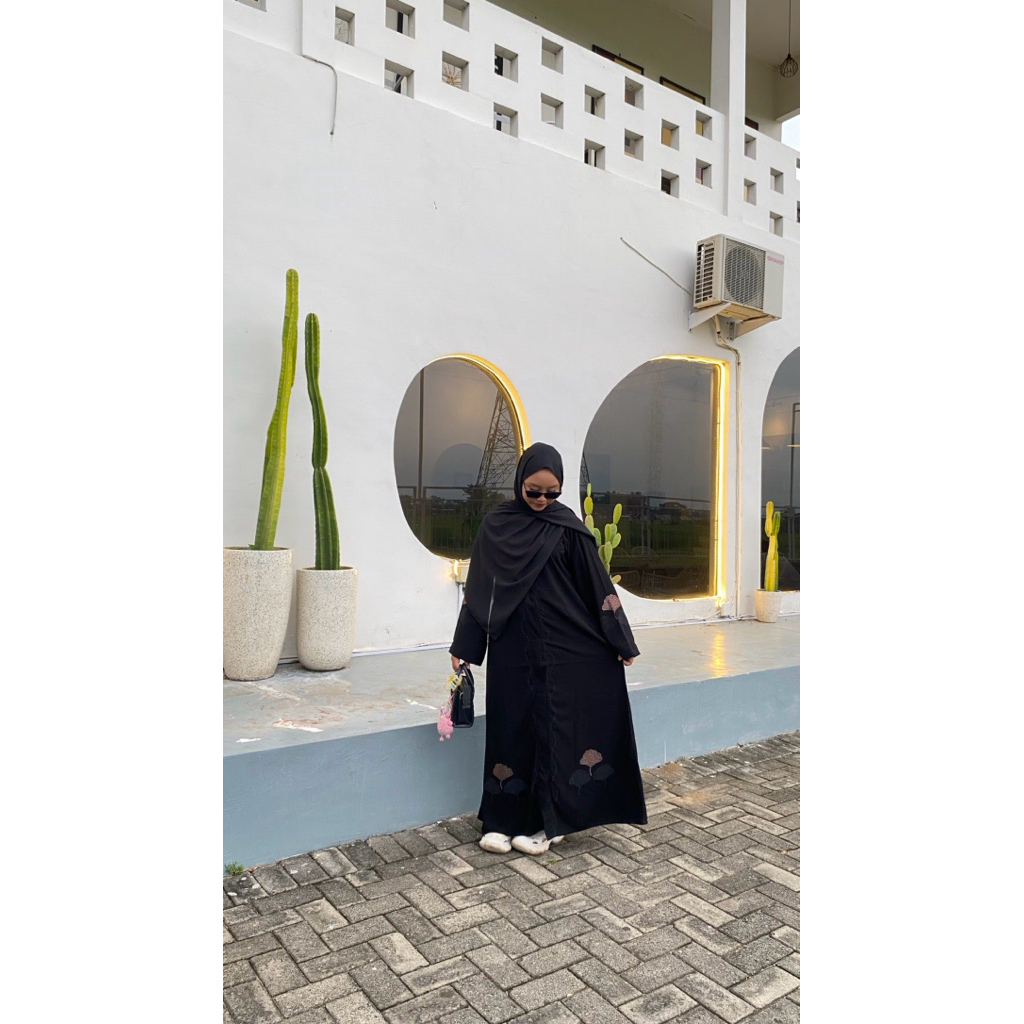 Abaya Rai’ Motif Daun Kekinian Viral Abaya Hitam Remaja Dewasa