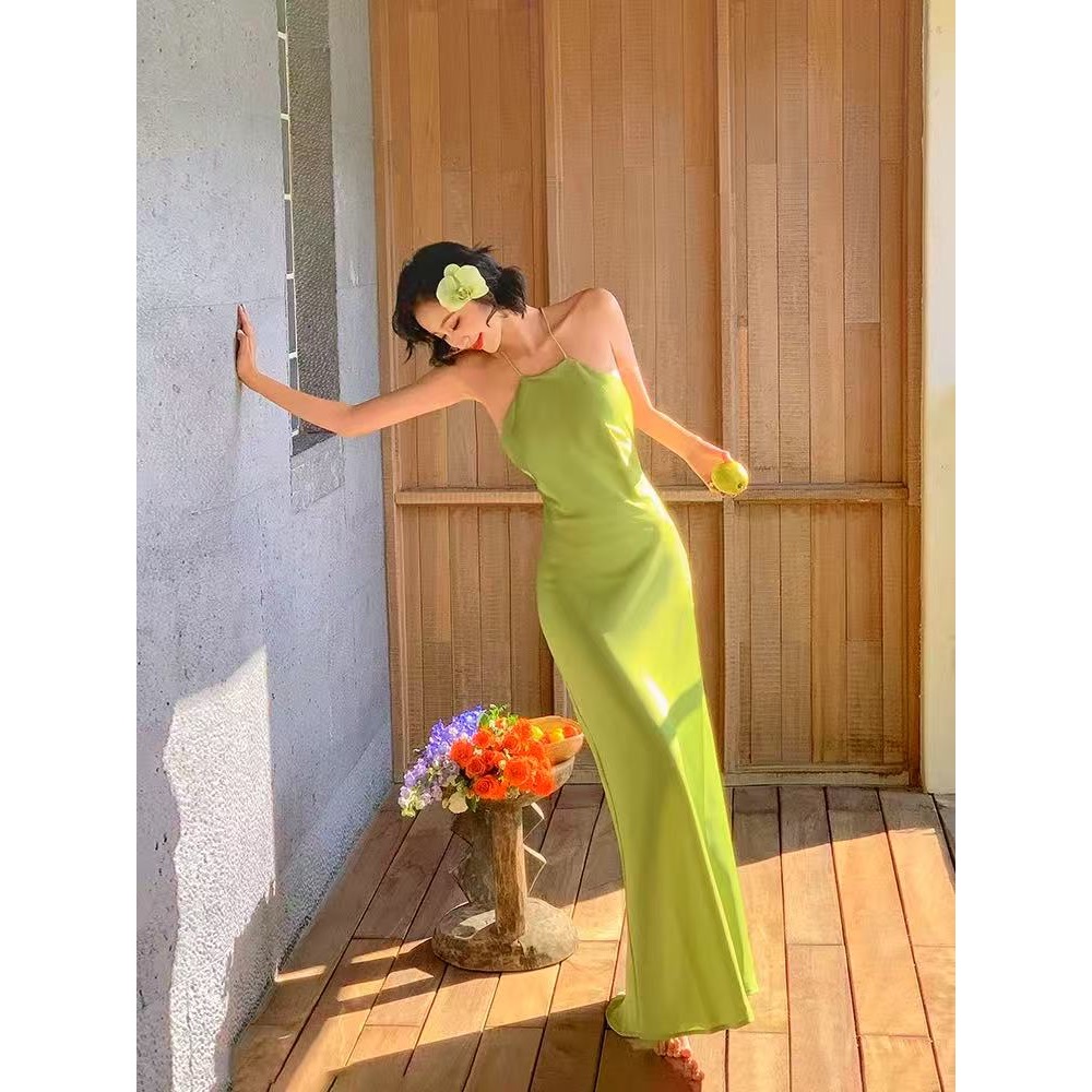 Galiano Dress satin silk terusan baju pakaian wanita maxi midi halter backless sexy green hijau sage