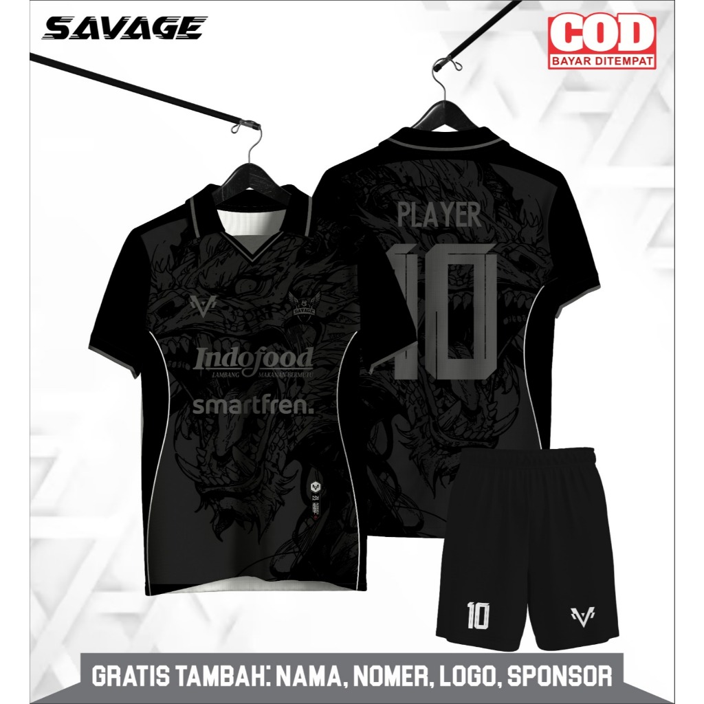 JERSEY FUTSAL KERAH CUSTOM NAMA NOMER PUNGGUNG FULLPRINTING HITAM NAGA POLOS
