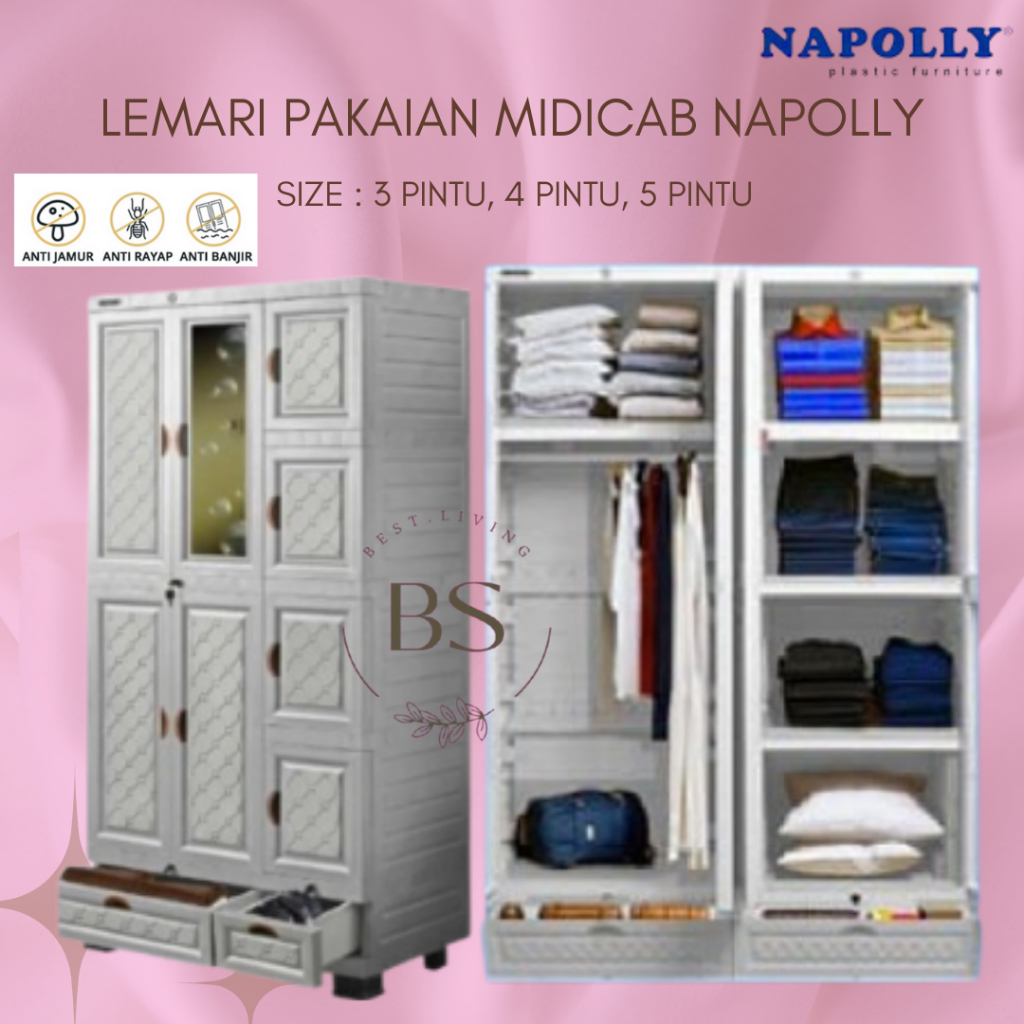 NAPOLLY LEMARI PAKAIAN BAJU PLASTIK JUMBO BESAR GANTUNG KACA CERMIN KUNCI MIDICAB