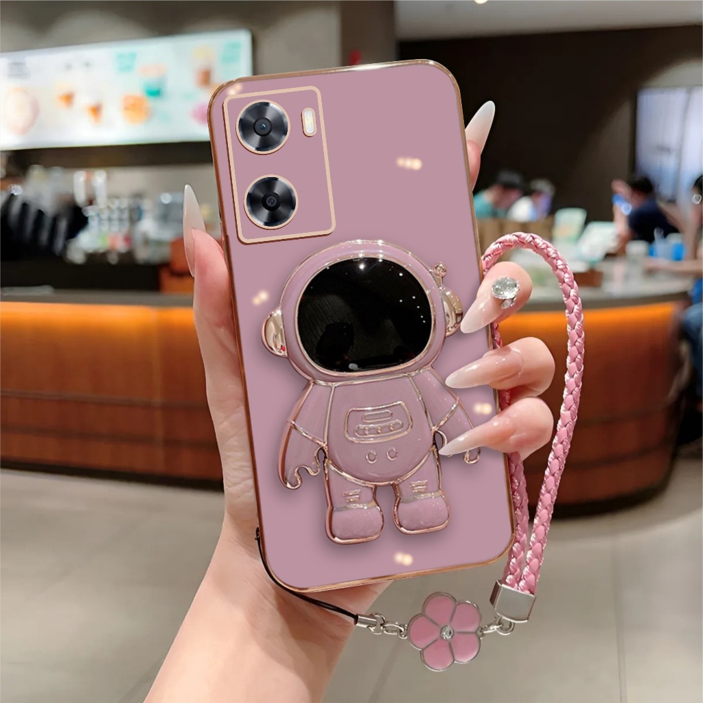 Soft Case Oppo A57 A77s Luxury Plating Astronot Holder Free Tali Bunga Lanyard Premium