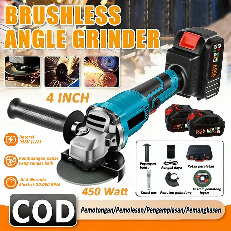 Gerinda Baterai Brushless 4Inch 450W Mesin Gerinda Baterai Tangan Cordless Angle Grinder Mesin Gerin