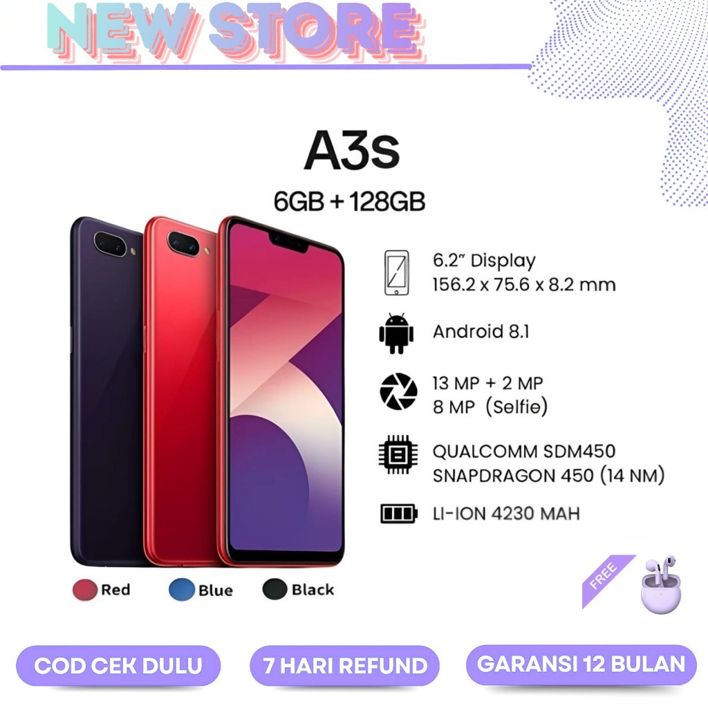 [Bekas] [Seperti baru 99%] Smartphone Bisa COD HP A3S 4G-RAM 6GB & 128GB, dengan camera 33W SUPERVOO