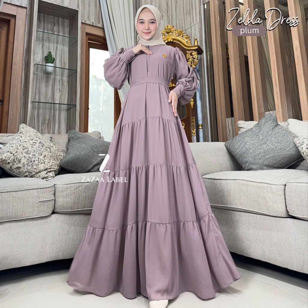 PROMO MURAH  Zelda Gamis Polos Ceruty Wanita Busui Mewah Pesta Model Susun Lengan Balon