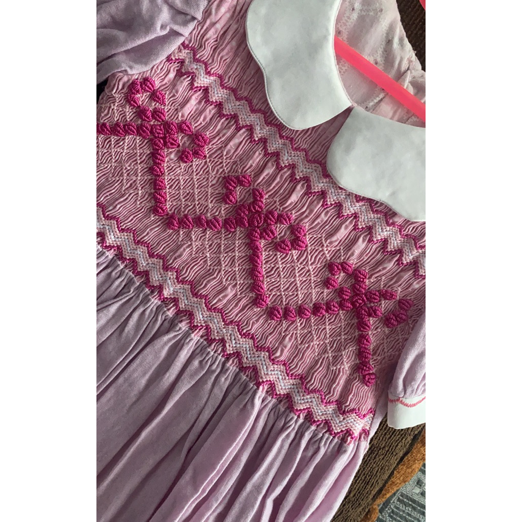preloved smocked dress pita ribbon timbul pink fuschia handsmocked dress baby 1-2t not naluri the li