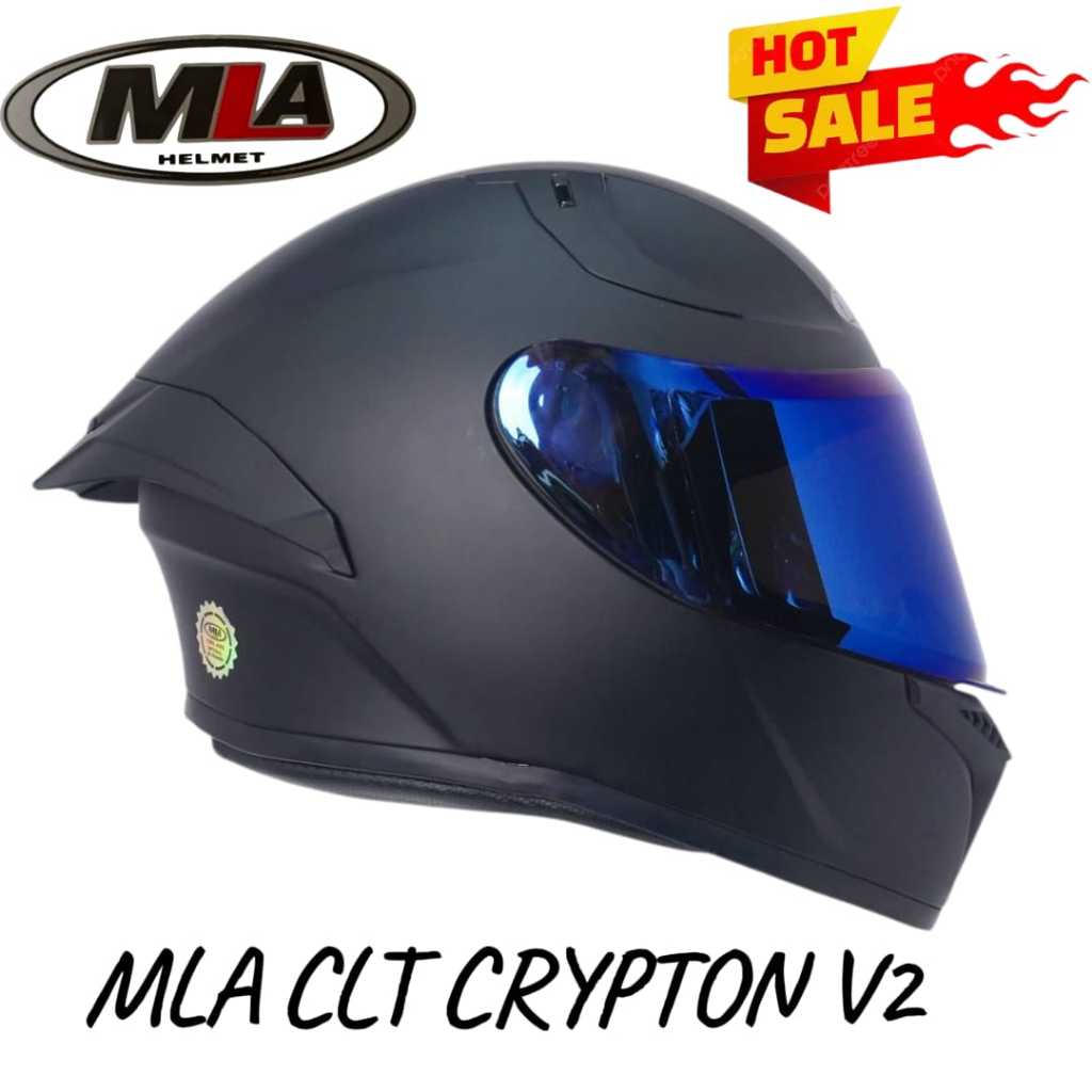 Helm Full Face MLA Crypton | Hitam Doff Kaca Blue Iridium | Paket Ganteng Dewasa SNI