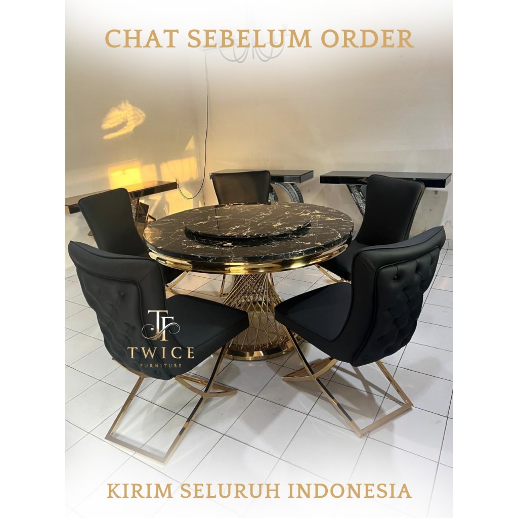 Meja Makan Bulat Putar 5 Kursi Marmer Stainless