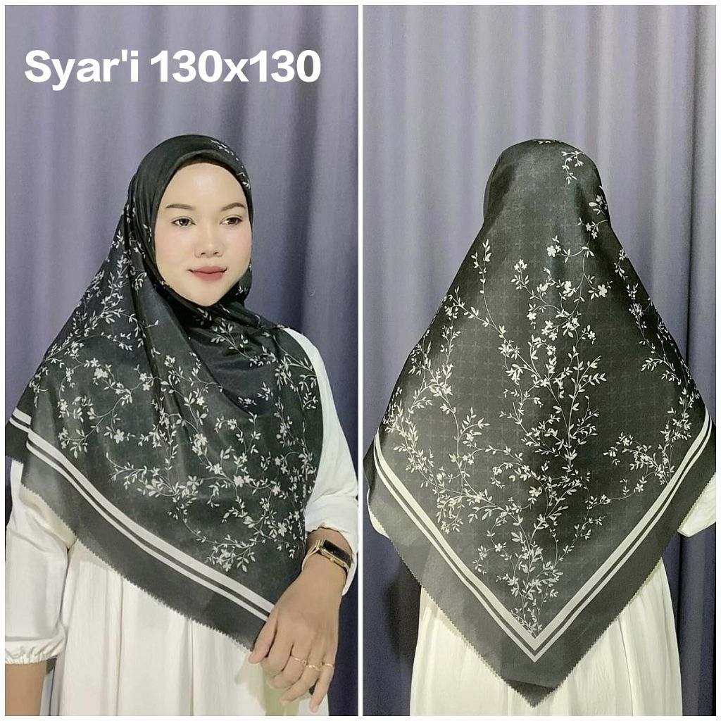 HIJAB SEGI EMPAT SYAR'I JUMBO VOAL MOTIF SUBLIME BUNGA FOLURES HITAM UK 130X130 SYARI
