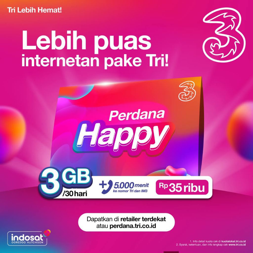 Kartu perdana 3 tri happy+ kuota 3gb Nasional