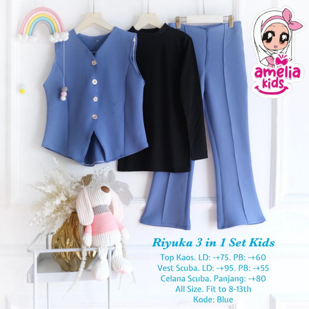 [ ata.id kids ] Riyuka setelan 3 IN 1 celana kulot dan vest muslim anak perempuan by Amelia kids