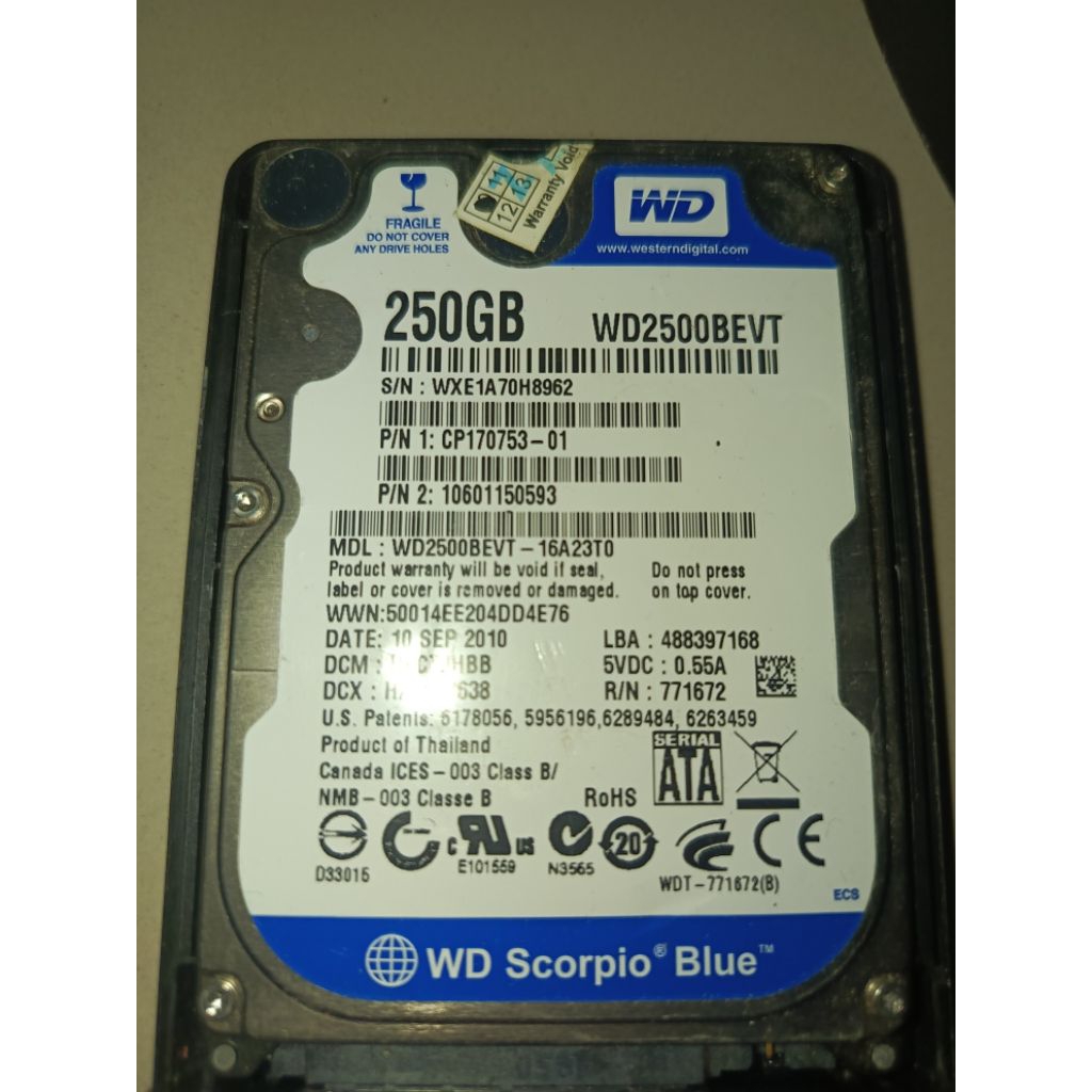Hardisk Laptop WD 250GB Bekas Kondisi 100%