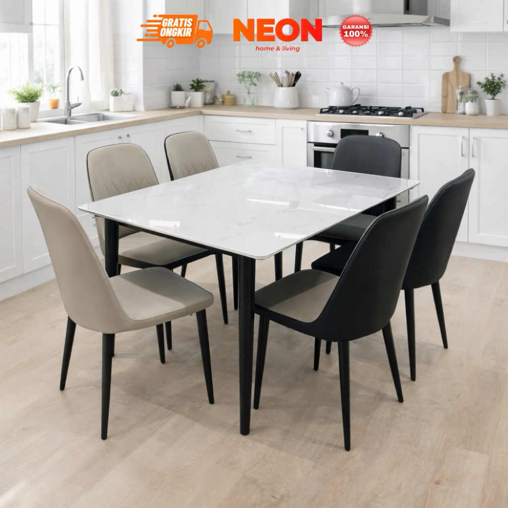 NEON Meja Makan Soni | Meja Makan 6 Kursi Rangka Besi Minimalis | Dining Table