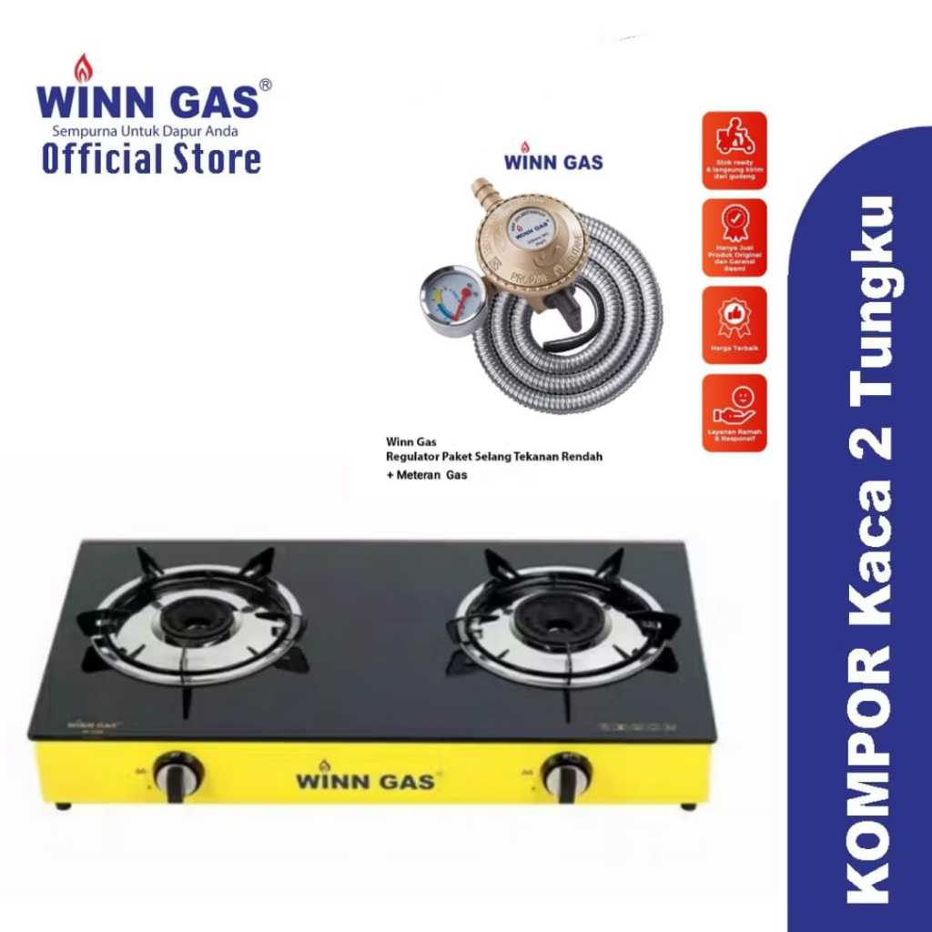 Winn Gas , W 388 , Win Gas , Kompor Gas Kaca , 2 Tungku + Selang