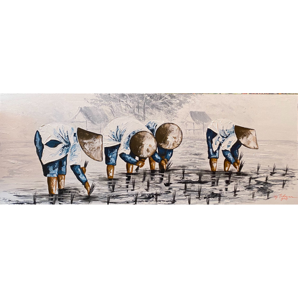 Lukisan Memanen Padi, lukisan canvas, hiasan dinding, Lukisan Asli, Lukisan Bali