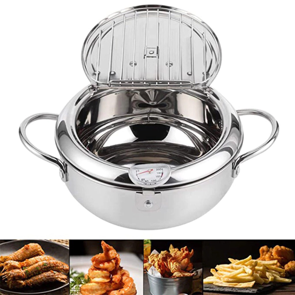 Wajan penggorengan suhu tinggi dengan thermometer / japanese deep frying pot thermometer / fryer pot