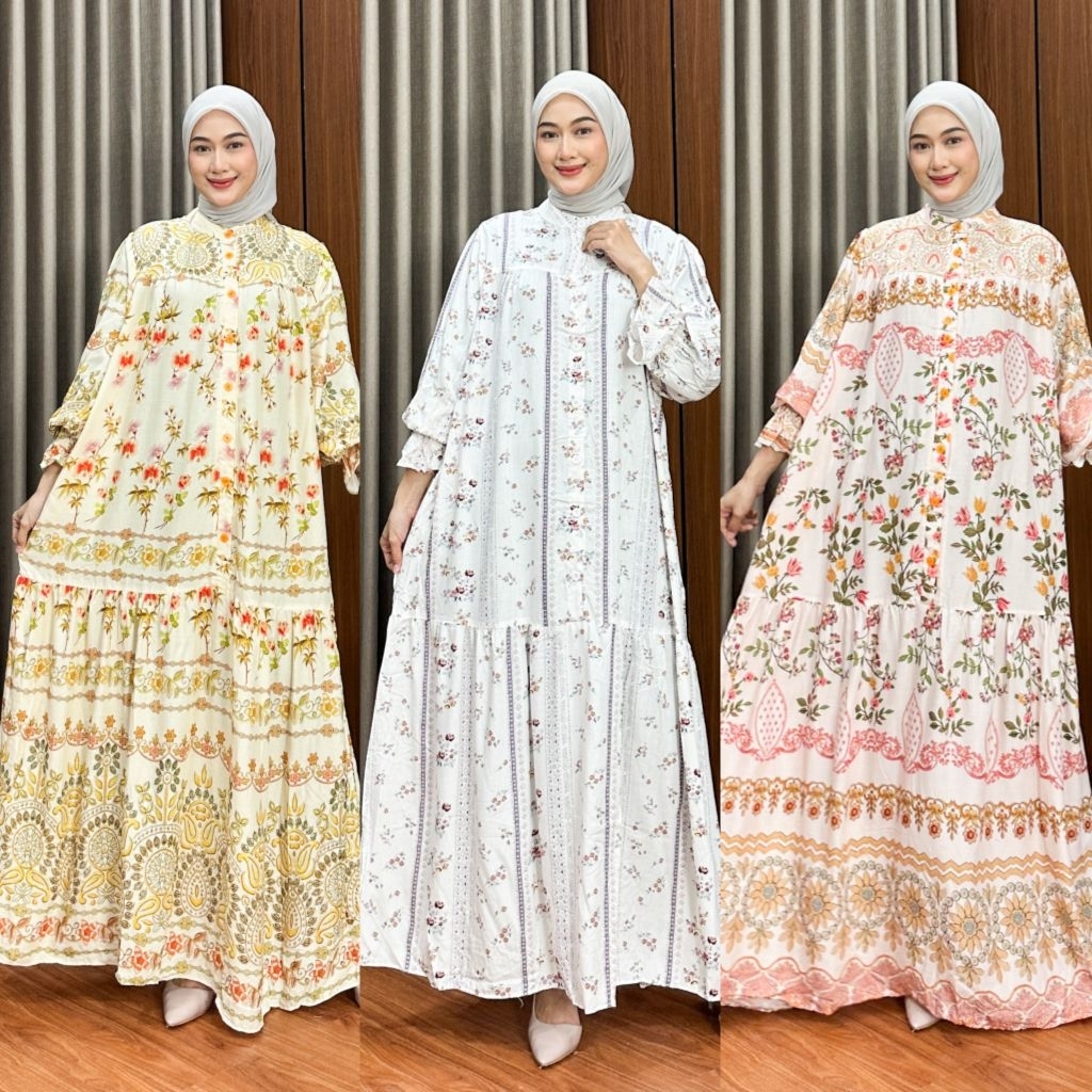 Raya Series Rayon Premium lengan balon Gamis Rayon Premium lengan balon Kekinian Dress Muslim Wanita