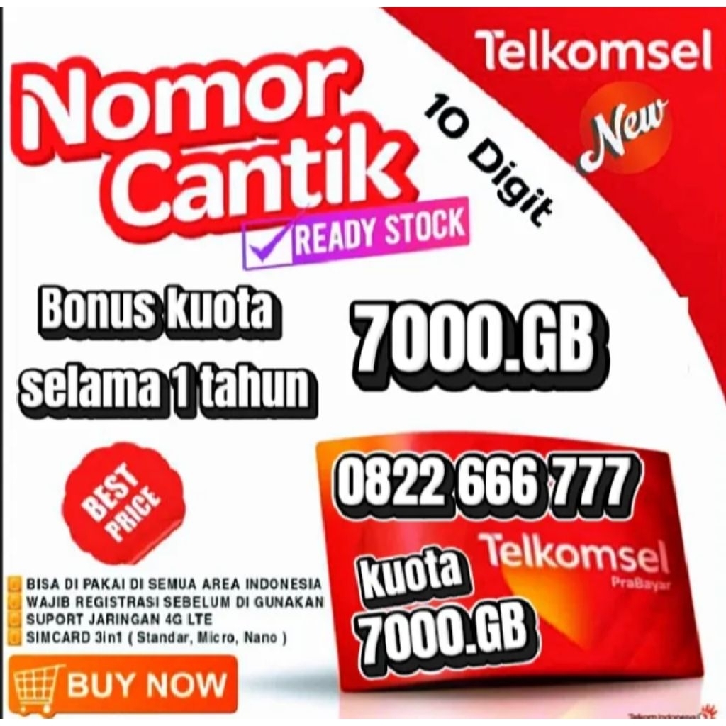 Nomor Cantik Telkomsel Kartu perdana Cantik Telkomsel 10 Digit support jaringan 4G/5G Bonus Kouta 70