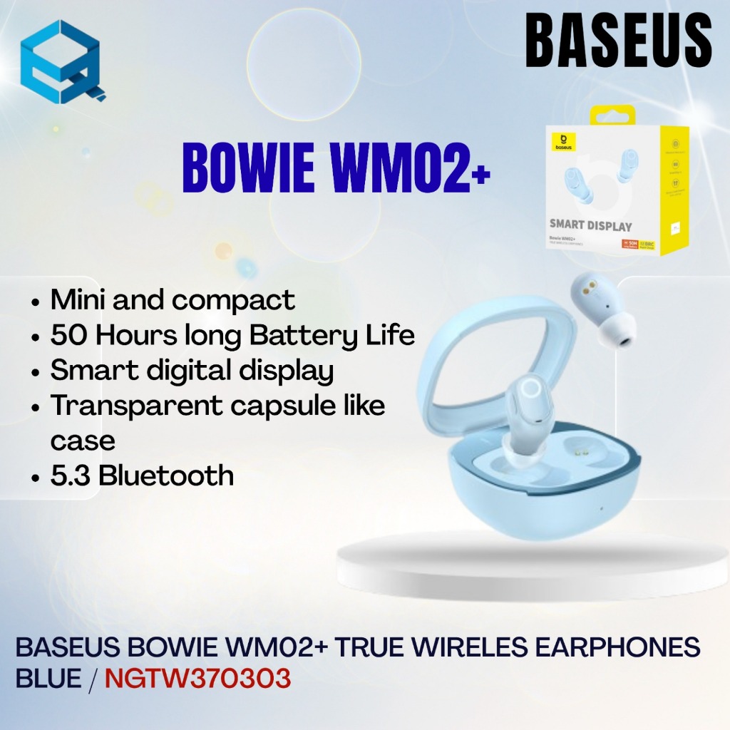 TWS Baseus WM02 plus Biru Terbaru Sealed BASEUS BOWIE WM02+ TRUE WIRELES EARPHONES BLUE (NGTW370303)