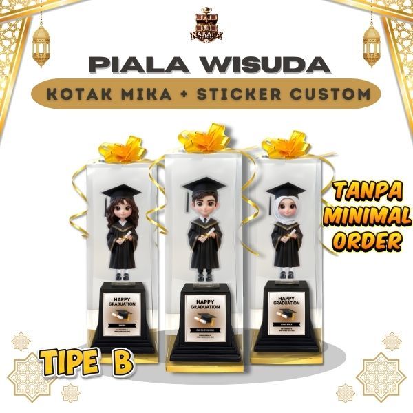 (Satuan Tipe B) Piala Akrilik Wisuda Sticker Custom + Kotak Mika Kelulusan Anak Sekolah Hadiah Kado
