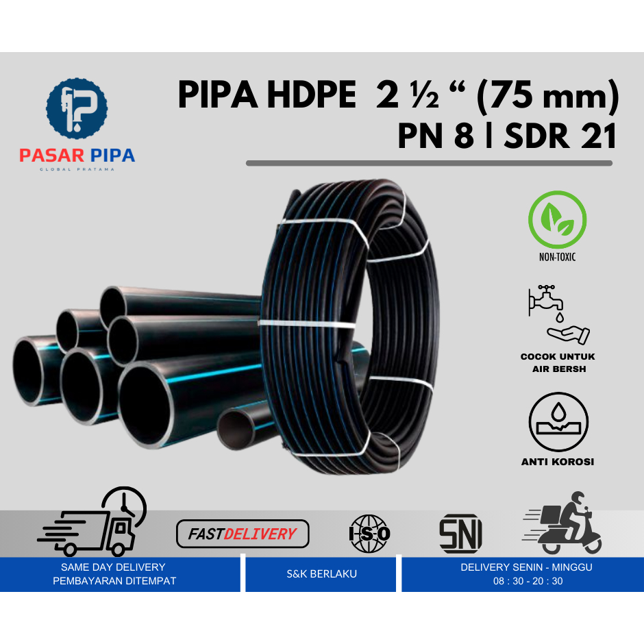 Pipa HDPE   2 -1/2" inch PN 8  Selang HDPE Hitam per Roll 100 Meter