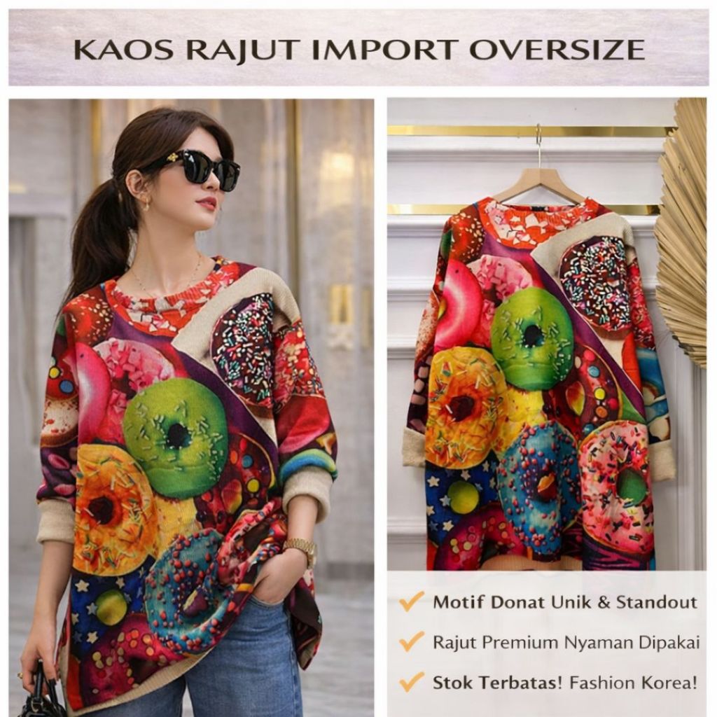 Kaos Rajut Import Oversize Motif Donat Premium Wanita LD 120 | Sweater Rajut Unik Fashion Korea