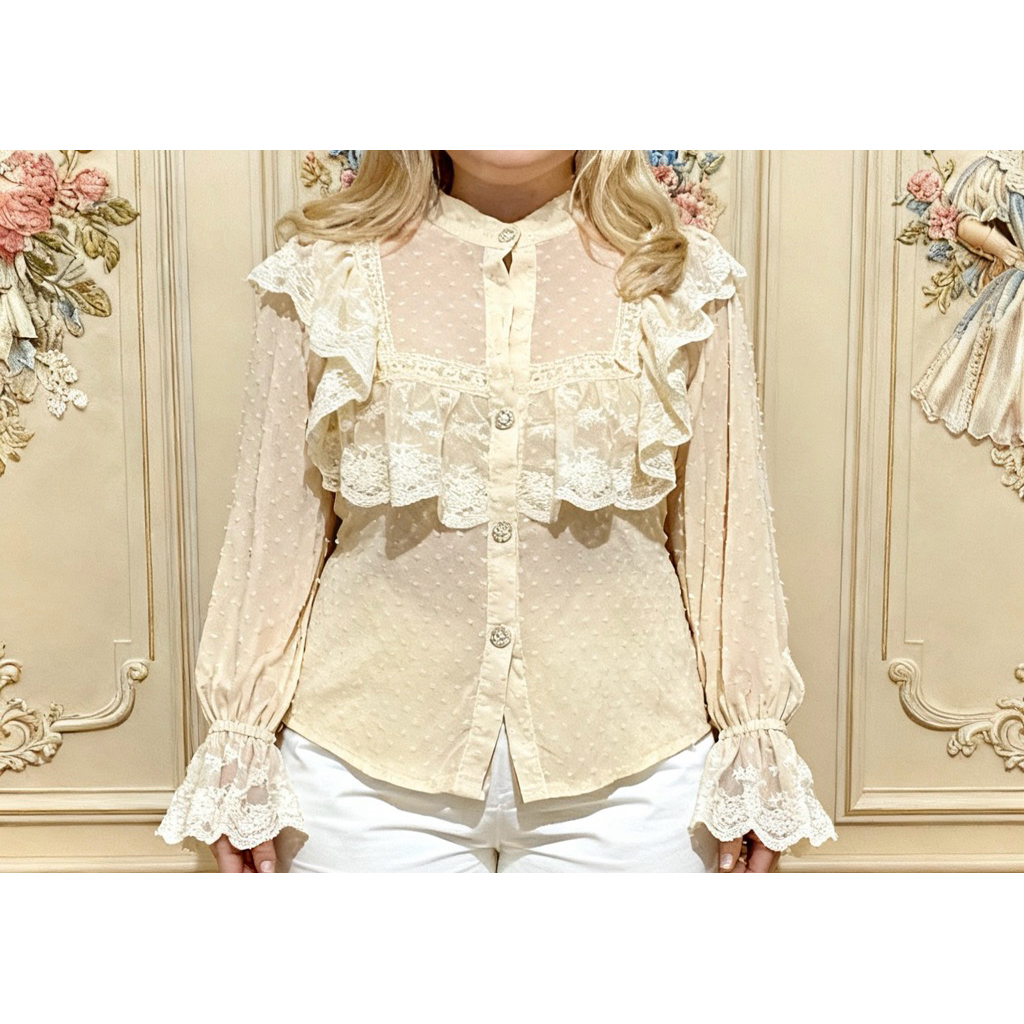 harga 150 co hanya si 50 (sisa 100 tepong by shopeepay) kemeja terawang berenda putih ala Korea styl