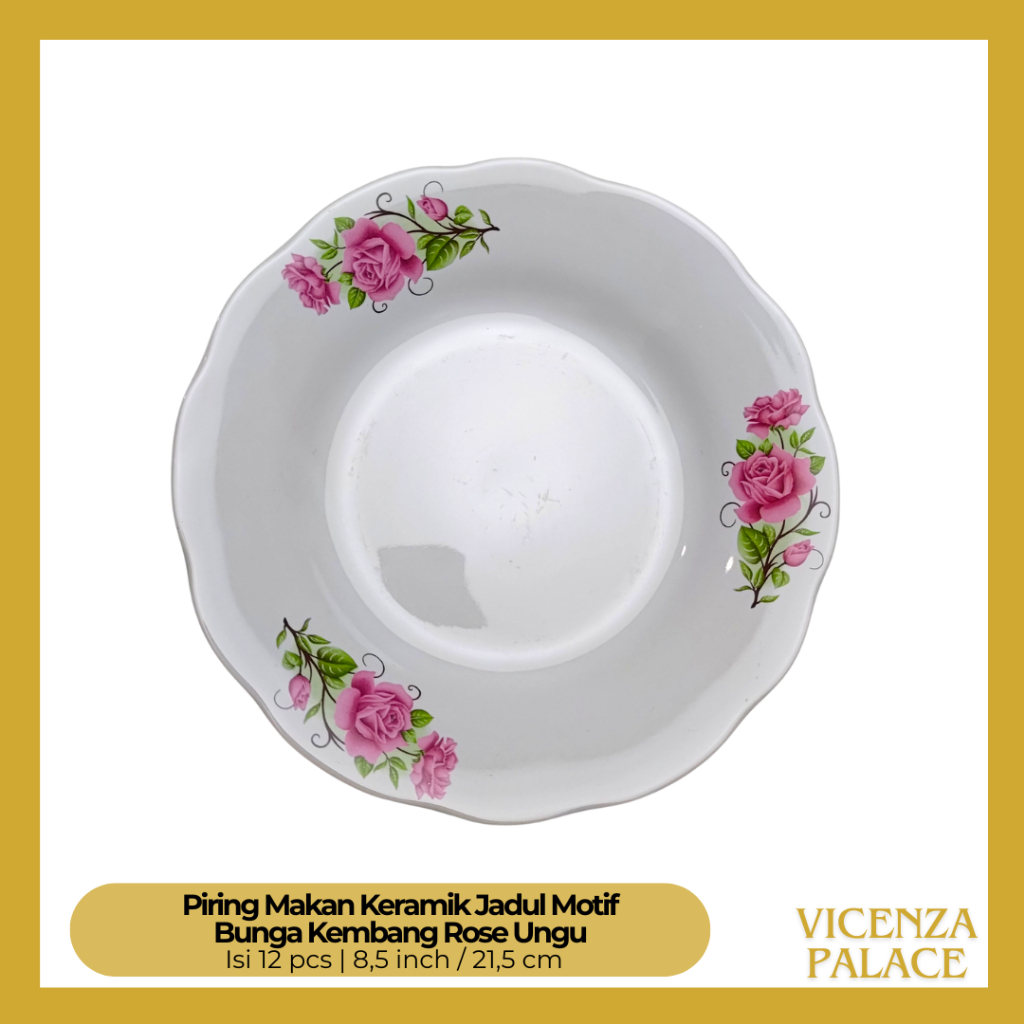Piring Makan Keramik Jadul Motif Bunga Kembang Rose Ungu Lucky Ukuran 8 inch (1 Lusin)