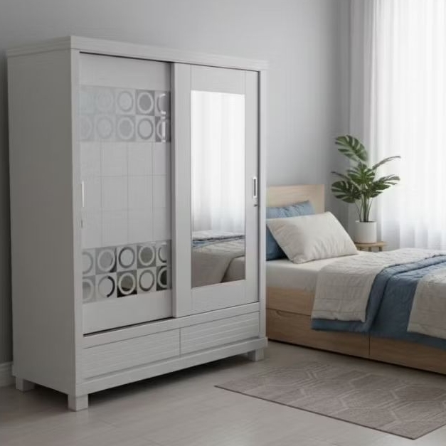 Lemari pakaian 2 pintu cermin jumbo lemari pakaian pintu geser lemari kayu playwood cat Duco putih g