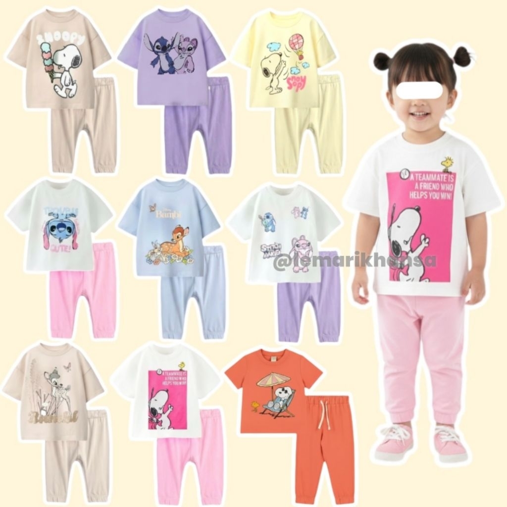 Balita Set Setelan Anak Perempuan Kaos Lengan Pendek Celana Panjang Stitch Snoopy