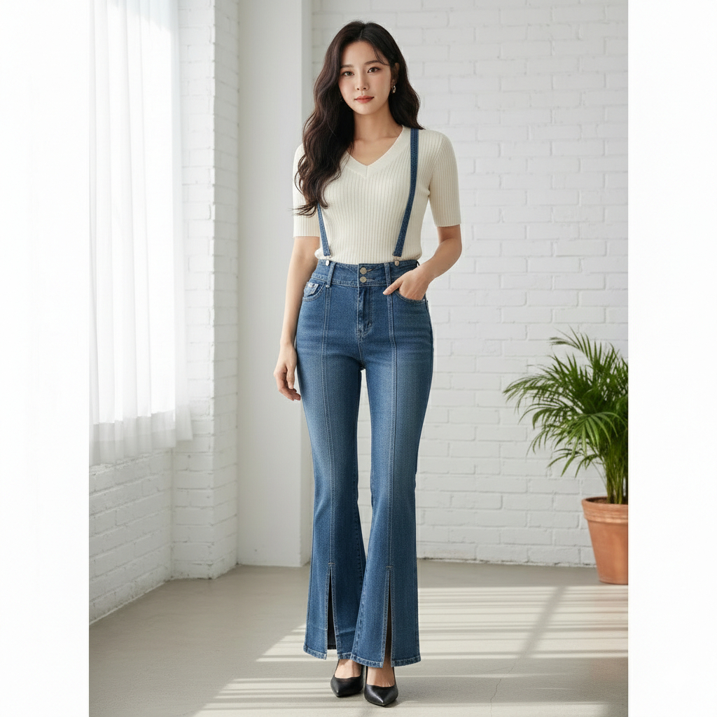 Celana Jeans Cutbray Kodok Pinggang Dengan Tali Bahu Dua Sisi Wanita