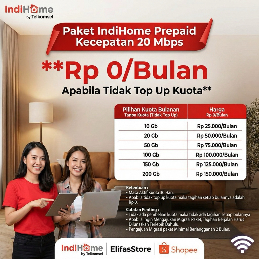 Migrasi Paket IndiHome Prepaid Kecepatan 20 Mbps / IndiHome Paket Kuota / Paket Nol Rupiah