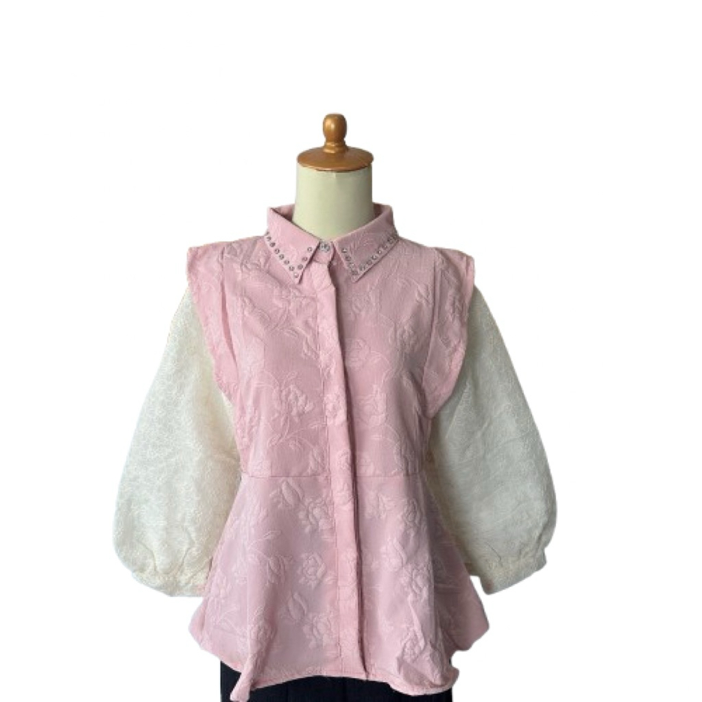 Blouse Peplum Brokat Kombinasi Lengan Balon | Atasan Wanita Elegan