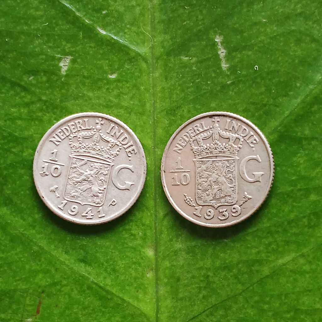 Koleksi 2 Biji Koin Perak Kuno Nederland Indie 1/10 Gulden