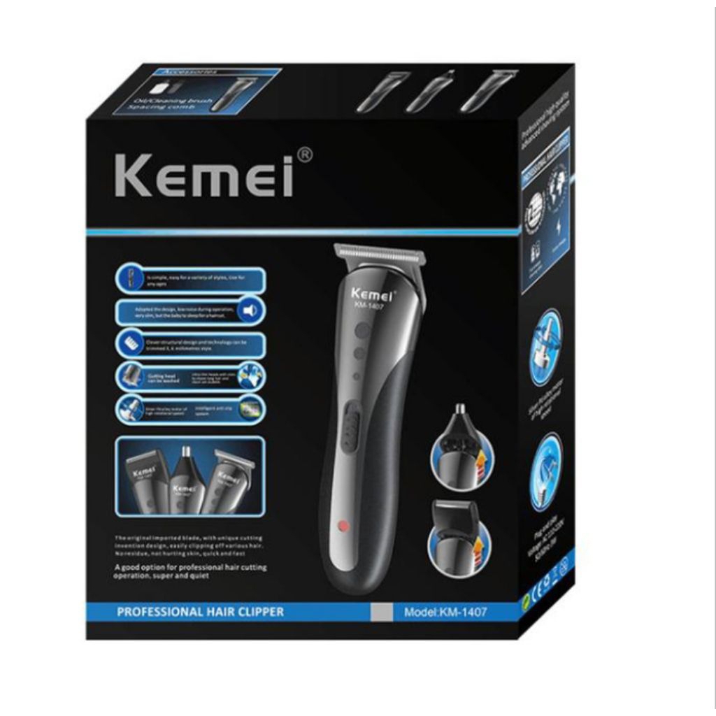 Kemei KM-1407 Hair Clipper Elektrik - 3 in 1, Baterai Isi Ulang, Pisau Tajam