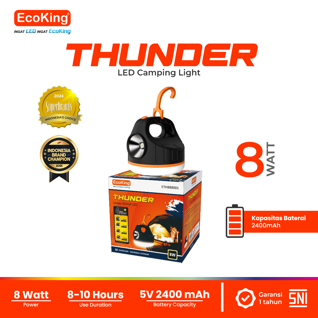EcoKing Thunder LED Camping Light 8W - Lampu Kemah Daya Isi Ulang Rechargeable Cahaya Putih (ETH8880