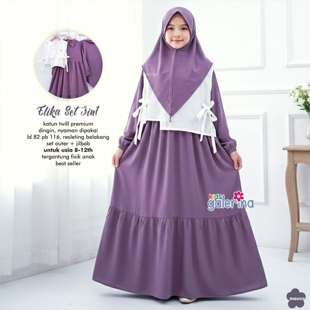 Elika Set 3in1 Premium – Gamis Anak Katun Twill + Outer + Jilbab Muslimah