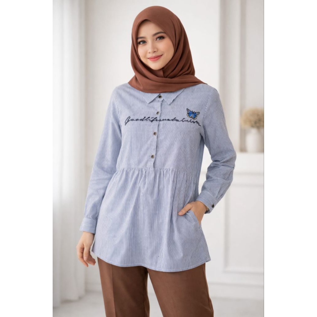 Kemeja garis garis Wanita / kemeja Gamis Wanita / kemeja wanita /Atasan Wanita Kekinian