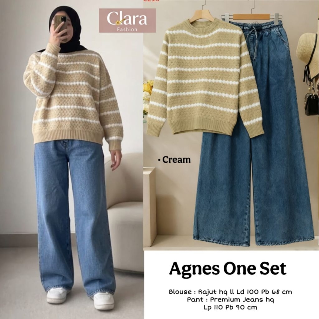 Clara -Agnes OneSet Wanita Rajut X Jeans Premium