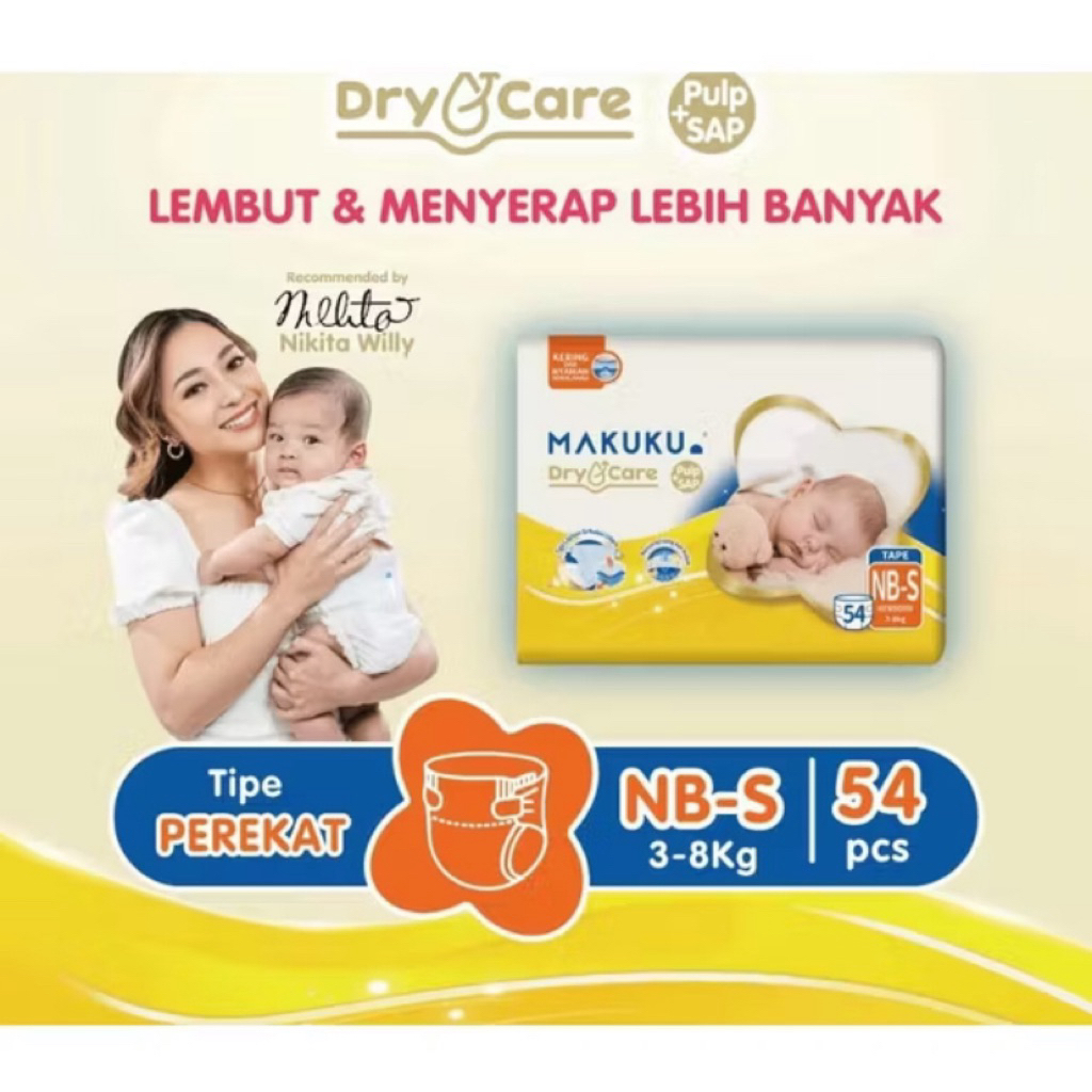 MAKUKU DRY CARE TAPE NB-S 54-PAKET 2BALL-PAMPERS NEWBORN-PAMPERS MURAH GROSIR
