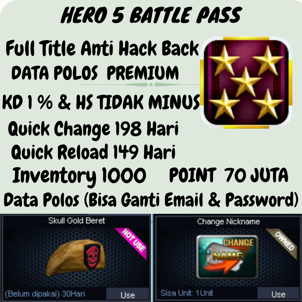 HERO ISTIMEWA QC198 QR149 INVEN 1000 Char Istimewa Permanen/Akun Brigadir Char/Akun Game PB/Game Poi