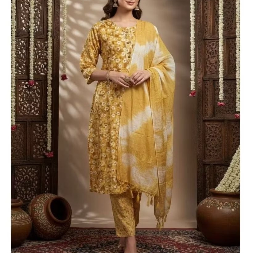 Baju India Wanita Kurti Set Motif Printing Baru Ori India