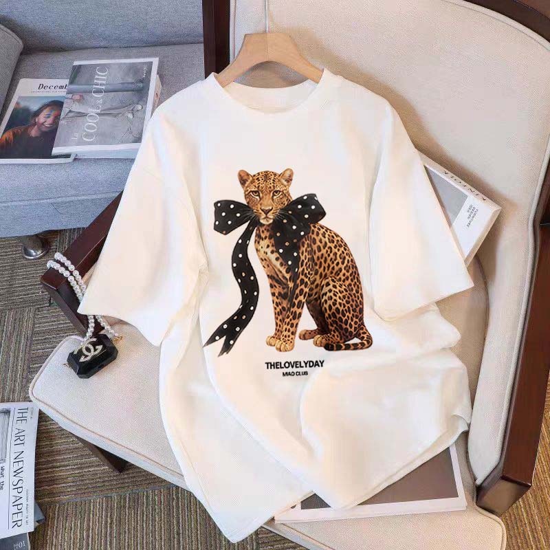 YUYU STUDIO Kekinian Motif Harimau Tutul Pita Renda | Kaos Wanita Premium Tebal | T shirt oversize K