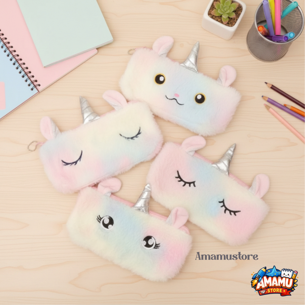 Kotak Pensil Bulu Unicorn Muka Mata Wajah Kuda Poni Tempat Pensil Wadah Kotak Pouch makeup Kosmetik 