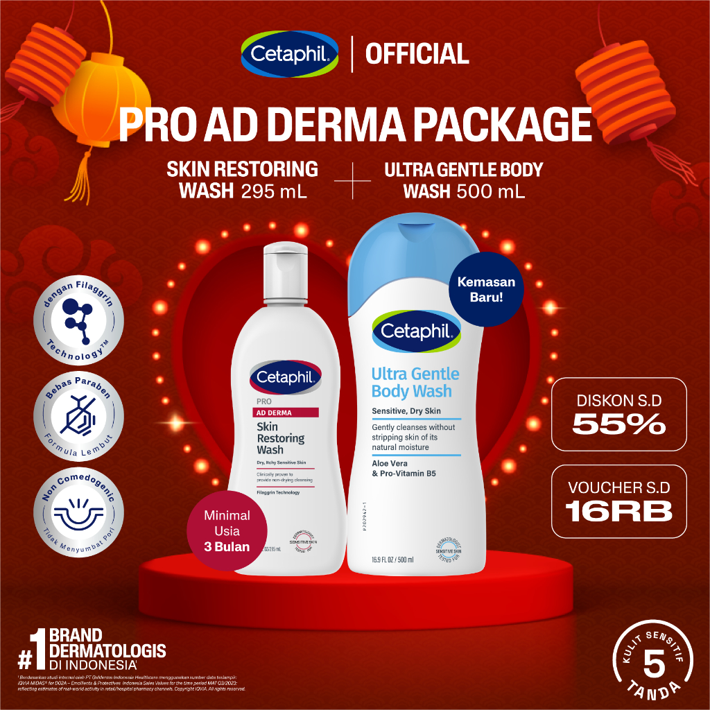 Cetaphil Pro AD Derma Skin Restoring Wash 295ml + Ultra Gentle Body Wash 500ml