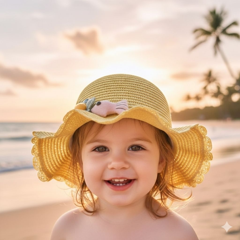 ​Topi Pantai Anak Perempuan Rajut Nilon Aksen Boneka