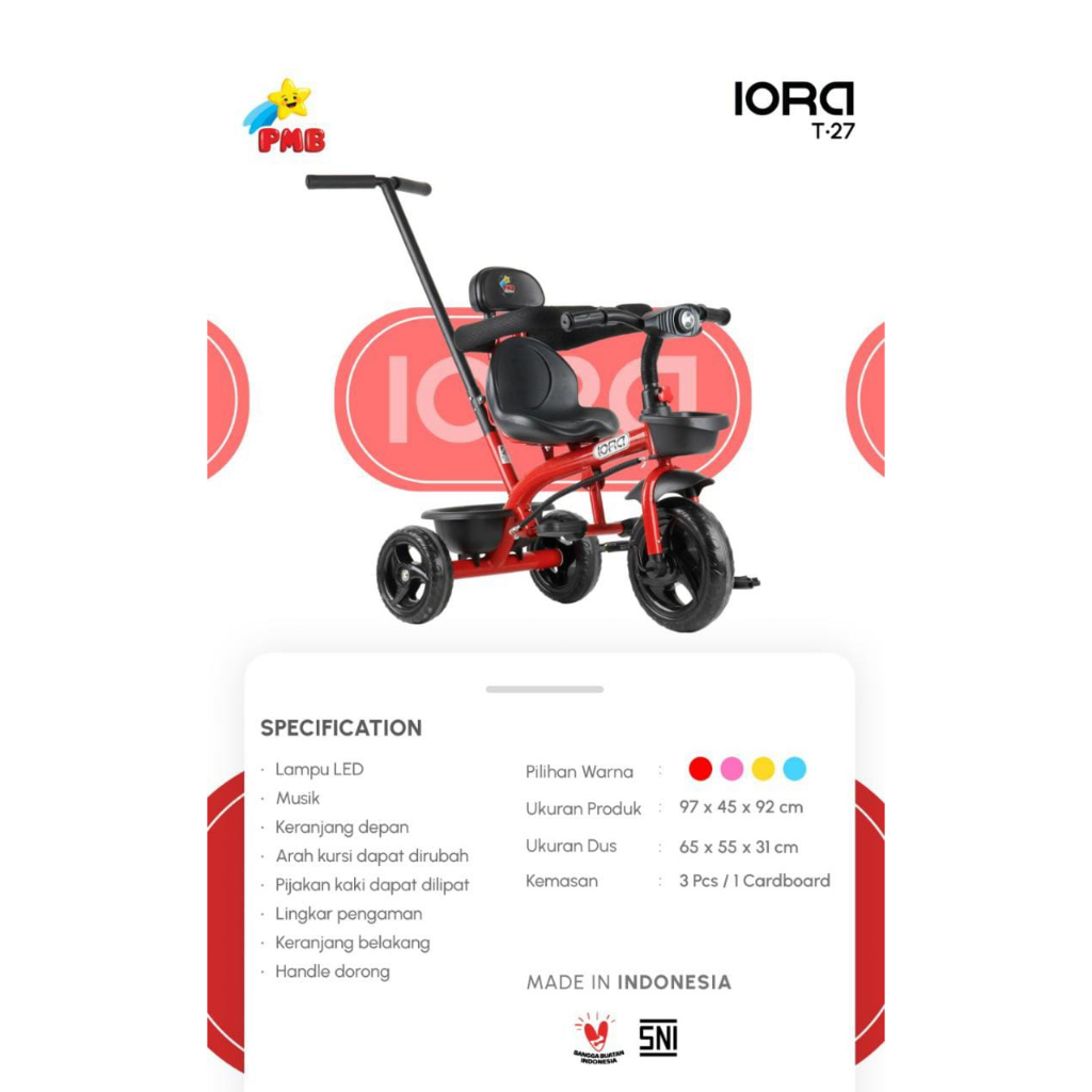 Sepeda anak roda 3 PMB IORA T27 Sepeda roda 3 ada pengaman