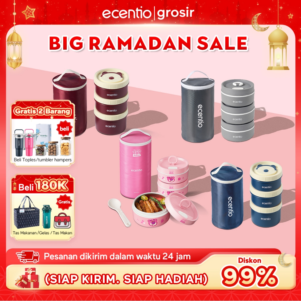 [Diskon 70%]Ecentio tempat makan stainless anti tumpah lunch box set 3pcs 400ml+400m+600ml anak Kota