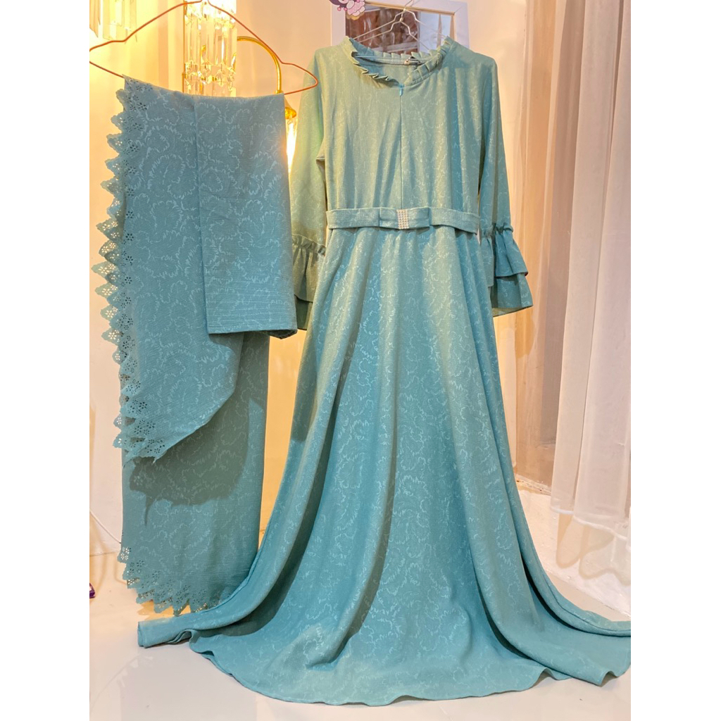 preloved new gamis set hijab warna sage hijau