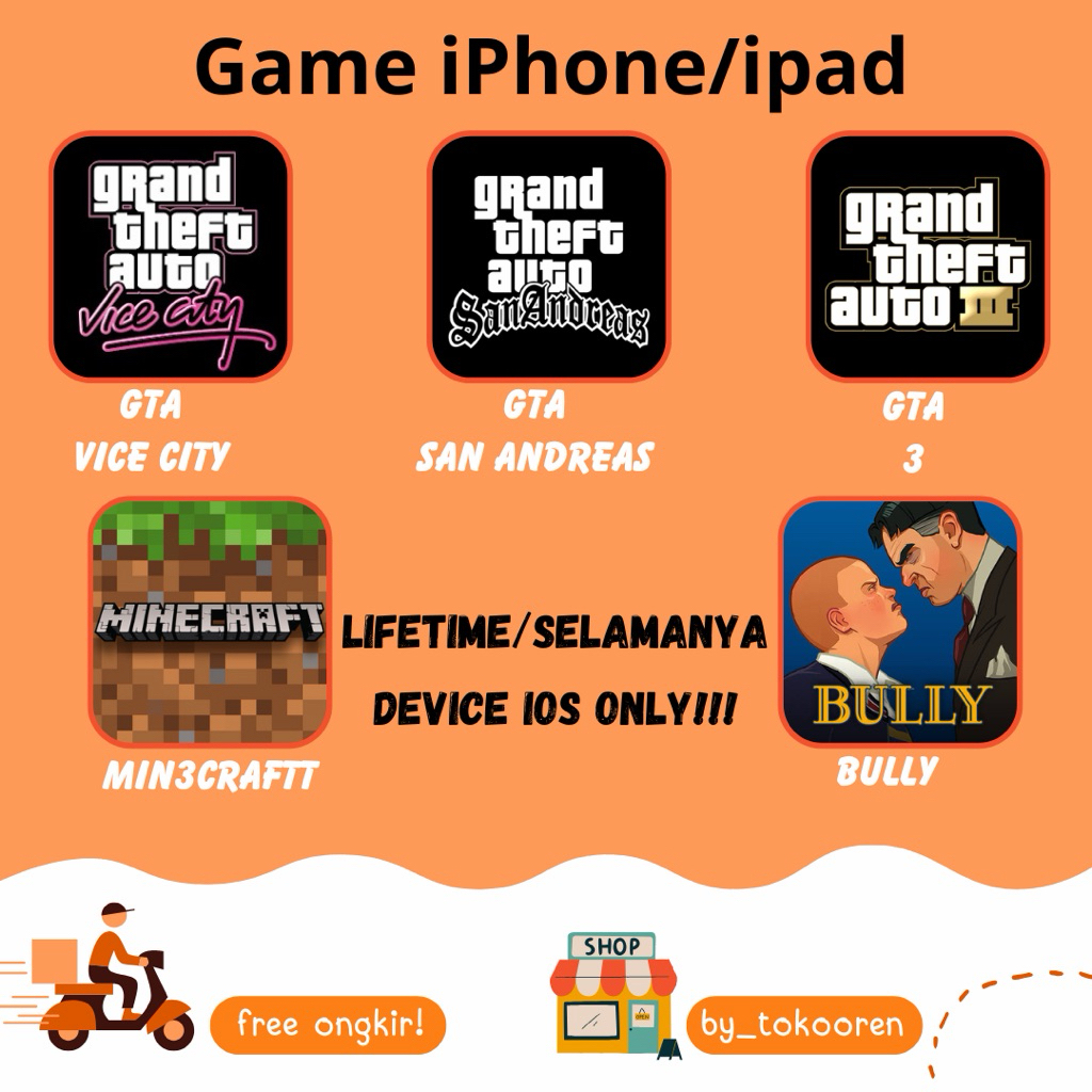 [IOS] jual aplikasi GTA Vice City GTA SA GTA 3 BULLY MINECRAFTT Game for IOS Devices (Iphone, Ipad) 