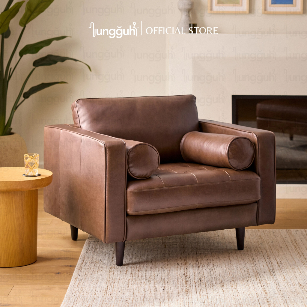 Kursi Sofa 1 Seater Kulit Premium – Armchair Modern Jok Kulit Coklat | Kursi Santai Ruang Tamu
